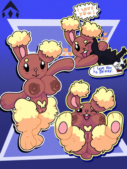 anthro areola beady_eyes big_breasts black_eyes blonde_pubes blue_background breasts brown_areola brown_body brown_fur brown_nipples buckteeth cotton_tail dialogue disembodied_hand ear_tuft eyelashes feet female front_view fur genitals heart_symbol lying nipples nude on_back one_eye_closed open_mouth open_smile pawpads pink_nose pubes simple_background smile solo speech_bubble teeth text thick_thighs tuft vulva wide_hips yellow_body yellow_fur mschaox6 nintendo pokemon buneary generation_4_pokemon pokemon_(species) hi_res