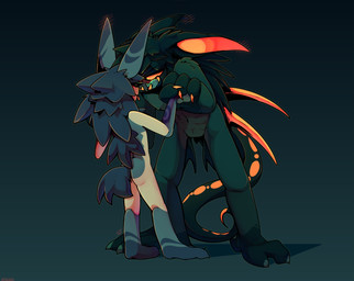 anthro blush butt claws covered_eyes duo femboy fur grin licking licking_lips lizard_tail male male/male mane multicolored_body multicolored_fur nude orange_eyes simple_background size_difference smile spikes spikes_(anatomy) tail teasing tongue tongue_out tuft two_tone_body two_tone_fur tomater hybrid lagomorph leporid mammal rabbit cel_shading hi_res shaded