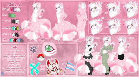 animal_mask anthro clothed clothed_anthro clothing ear_piercing ear_ring emotion_chart facial_expressions featureless_chest featureless_crotch femboy formal_wear fox_mask green_eyes information information_section lgbt_pride maid_uniform mask multi_tail mute piercing pokeball pride_colors ring_piercing stated_age stated_gender stated_height stated_sexuality stated_species stated_weight tail transgender_pride_colors uniform min19 nintendo pokemon jamie_(lovabletester) canid canine fox mammal 2022 flat_colors model_sheet trans_(lore)