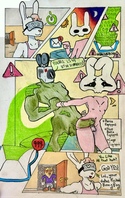 anthro bone chastity_cage chastity_device chastity_device_only cuckold duo floating_head forced hair livestream male male/male nude pink_hair skull skull_head text virtual_reality virus wearing_chastity_cage wearing_chastity_device white_body digcitrus locktober lagomorph leporid mammal rabbit comic english_text hi_res traditional_media_(artwork)