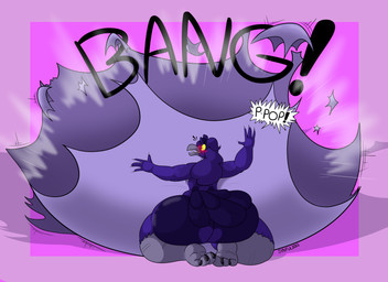 air_inflation belly belly_blush big_belly blush blush_lines body_blush bursting creaking dialogue huge_belly hyper hyper_belly hyper_inflation inflation motion_lines pink_background popping shadow simple_background speech_bubble text synful alex_(synful) avian 2022 absurd_res artist_name dated hi_res