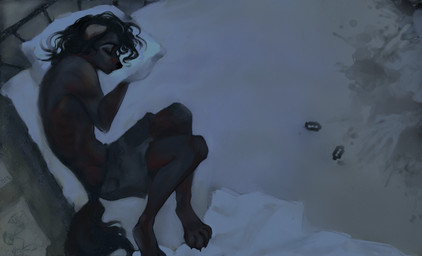 4_toes anthro bed biped bird's-eye_view black_body black_fur black_hair blood blood_on_body bodily_fluids bottomwear clothed clothed_anthro clothed_male clothing eyes_closed feet fur furniture hair high-angle_view lying lying_on_bed male male_anthro on_bed on_side razor_blade sleeping snout solo tail toes topless ebamick canid canine canis domestic_dog mammal hi_res