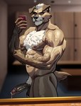 abs after_exercise anthro areola balls barazoku beard biceps big_balls big_muscles big_penis blurred_background bodily_fluids body_hair cellphone chest_hair deltoids dripping electronics erection eyebrows facial_hair flexing flexing_bicep fur genital_fluids genitals glans hair holding_object holding_phone huge_muscles humanoid_genitalia humanoid_penis inside locker_room looking_at_viewer male manly mature_anthro mature_male mirror mirror_selfie muscular muscular_anthro muscular_male navel nipples nude pecs penis phone precum precum_drip pubes reflection scar selfie smartphone smile solo standing sweat tail taking_picture taking_selfie text thick_arms thick_thighs tuft vein veiny_muscles veiny_penis belwulf canid canine canis domestic_dog mammal 2025 absurd_res artist_name hi_res