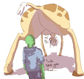 big_butt blue_eyes bodily_fluids butt dialogue duo eye_contact featureless_crotch female feral hooves horn huge_butt larger_female larger_feral long_neck long_tongue looking_at_another male markings navel ossicone presenting raised_tail size_difference slightly_chubby smaller_human smaller_male smile spots spotted_body sweat tail tail_tuft talking_feral text tongue tongue_out tuft nobby_(artist) annabelle_(madmax) anon giraffe giraffid human mammal aliasing binary_drawing digital_drawing_(artwork) digital_media_(artwork) english_text hi_res