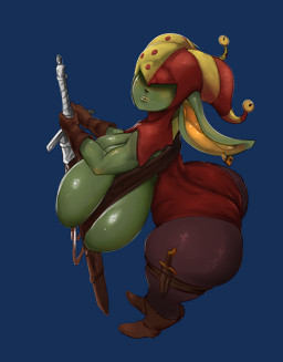 big_breasts big_butt big_ears biped breasts brown_clothing brown_footwear brown_gloves brown_handwear brown_shoes butt clothing dagger ear_piercing female female_humanoid fool's_hat footwear gloves green_body green_skin handwear hat headgear headwear holding_melee_weapon holding_object holding_sword holding_weapon huge_breasts huge_butt humanoid_pointy_ears jester legwear leotard looking_at_viewer melee_weapon not_furry obscured_eyes piercing pointy_ears purple_clothing purple_legwear red_clothing red_leotard shoes simple_background solo sword transparent_background weapon dddoodles goblin humanoid alpha_channel colored hi_res