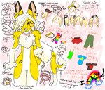 anthro arm_warmers armwear blonde_hair bottomwear cargo_pants chibi_wings clothing collar curl_tail female footprint fur hair kerchief pants pawpads pawprint pawprint_tattoo paws ponytail rainbow ribbons shirt solo tank_top tattoo text topwear white_body white_fur yellow_body blondefoxy lucky_(blondefoxy) lucky_coyote canid canine canis coyote mammal 2009 english_text model_sheet