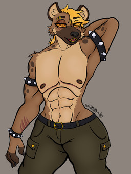 anthro armband bottomwear bracelet cargo_pants clothing devour_(galvanian) fur jewelry male muscular muscular_male pants spiked_armband spiked_bracelet spikes spots surgical_suture tan_body tan_fur galvanian hyena mammal werecreature werehyena 3:4 hi_res trans_(lore) trans_man_(lore)