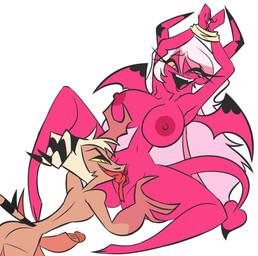 anthro arms_tied bound breast_grab breasts cunnilingus duo erection female hand_on_breast larger_female looking_pleasured male male/female oral sex size_difference spread_legs spreading vaginal pixelz hellaverse helluva_boss striker_(helluva_boss) verosika_mayday demon imp succubus