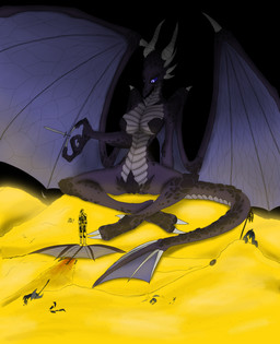 anthro armor axe biped black_body blue_sclera breasts claws coin corpse death female female_anthro gold_(metal) gold_coin hoard horn large_female looking_down looking_down_at_another macro macro_anthro macro_female melee_weapon pupils purple_eyes shield slit_pupils solo sword tail treasure weapon wings mikelocesterlanders mythology dragon mythological_creature mythological_scalie scalie 2020 absurd_res colored hi_res