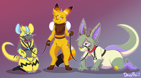 anthro antlers bdsm chest_tuft collar collar_tag dominant group hair harness horn kneeling leash looking_at_another looking_at_viewer muzzle_(object) muzzled petplay roleplay trio tuft davyboi nintendo pokemon arthropod bee eeveelution generation_2_pokemon generation_7_pokemon hybrid hymenopteran insect kangaroo legendary_pokemon macropod mammal marsupial pokemon_(species) rodent umbreon zeraora absurd_res hi_res