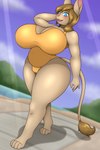 4_toes 5_fingers anthro beach belly big_breasts blue_eyes blush breasts brown_body brown_hair cleavage cleavage_cutout clothed clothing cloud curvy_figure cutout day dutch_angle feet female fingers glistening glistening_body glistening_hair gold_clothing hair hand_behind_head heart_eyes heart_symbol huge_breasts huge_hips huge_thighs light long_tail looking_at_viewer mature_female mountain one-piece_swimsuit open_mouth outside pink_nose raised_arm sand seaside shadow sky slightly_chubby solo sunlight swimwear tail tail_tuft tan_body thick_thighs toes tuft voluptuous wide_hipped_female wide_hips johnmarten golden_week ayla_(johnmarten) dipodid jerboa mammal rodent 2:3 absurd_res cel_shading full-length_portrait hi_res portrait shaded