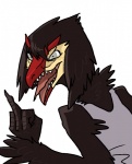 anthro beak black_body black_feathers black_scales clothed clothing feathers female gesture grey_eyes hand_gesture middle_finger open_mouth scales sharp_teeth shirt simple_background smile solo tank_top teeth tongue tongue_out toothed_beak topwear white_background mick39 yung_yagili avian nevrean 2016 reaction_image