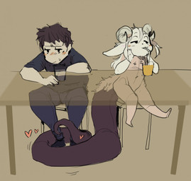 anthro beverage blue_bottomwear blue_clothing blue_pants blue_shirt blue_topwear blush bodily_fluids bottomwear brown_body brown_hair chair clothed clothed_human clothed_male clothing container cup curled_horn drinking_straw duo eyebrows fur furniture glass glass_container glass_cup hair half-closed_eyes heart_symbol horn i_can't_believe_it's_not_feces juice_(beverage) light_body light_skin long_tail male misleading_thumbnail narrowed_eyes nude_anthro nude_male on_chair orange_juice pants raised_eyebrows shirt sitting sitting_on_chair sweat table tail tail_around_leg teasing teasing_with_tail topwear white_body white_fur mvsnake bovid caprine goat human hybrid mammal reptile scalie snake hi_res