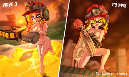 armor big_breasts blonde_hair braided_hair breasts convenient_censorship duo female gun hair headgear headgear_only helmet helmet_only holding_gun holding_object holding_ranged_weapon holding_weapon humanoid_pointy_ears kneeling long_hair navel nude on_one_leg one_eye_closed open_mouth pointy_ears pseudo_hair purple_eyes ranged_weapon short_hair smile standing tan_body tan_skin tentacle_hair tentacles thick_thighs weapon wide_hips yellow_eyes ikachangenema nintendo splatoon animal_humanoid aquatic aquatic_humanoid cephalopod cephalopod_humanoid humanoid inkling mollusk mollusk_humanoid octarian octoling octopus_humanoid squid_humanoid 5:3