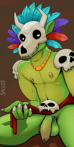 anthro balls bone bone_mask bottomwear clothed clothing clothing_lift flaccid foreskin genitals green_balls green_body green_penis humanoid_genitalia humanoid_penis loincloth loincloth_lift male mask muscular muscular_anthro nipples non-mammal_balls nude pecs penis simple_background skull skull_mask solo unretracted_foreskin sallos_(artists) terraria witch_doctor_(terraria) lihzahrd lizard reptile scalie digital_media_(artwork) hi_res