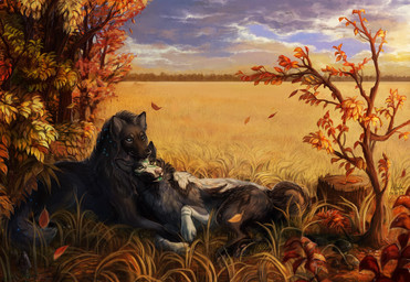 autumn black_body black_fur blue_eyes cloud day detailed_background duo eye_contact falling_leaves feral fur grass looking_at_another lying outside paws plant realistic realistic_feral scenery sitting sky smile sunset tree tree_stump aurru canid canine canis domestic_dog mammal 2017 detailed digital_media_(artwork)