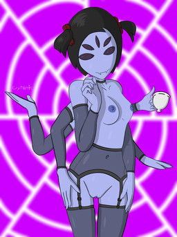 anthro black_clothing black_lingerie breasts choker clothing container cup female flirting genitals hands_on_legs jewelry lingerie necklace nipples pigtails solo tea_cup vulva crytonic undertale undertale_(series) muffet arthropod hi_res