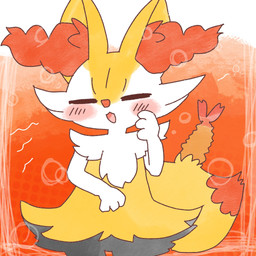 ambiguous_anthro ambiguous_gender anthro biped blush dipstick_tail emanata eyes_closed food front_view hand_on_cheek markings object_in_tail open_:3 open_mouth open_smile shrimp_(food) smile solo standing tail tail_markings annyui0611 nintendo pokemon braixen canid generation_6_pokemon mammal pokemon_(species) 1:1 2022 digital_drawing_(artwork) digital_media_(artwork) hi_res japanese_description portrait three-quarter_portrait translated_description