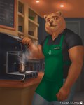 4:5 5_fingers anthro apron barista bear beverage biceps bottle bottomwear brown_body brown_eyes brown_fur cafe clothed clothing coffee coffee_shop container detailed_background english_text fauna_island fingers fully_clothed fur hi_res humor inside male mammal muscular muscular_anthro muscular_male pants pecs polo_shirt pun shirt signature solo standing steam text topwear visual_pun