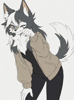 anthro black_bottomwear black_clothing black_pants blue_body blue_eyes blue_fur bottomwear clothing cute_pose female fur khaki_clothing one_eye_closed pants smile solo white_body white_fur wink eneki_sei canid canine canis mammal wolf hi_res