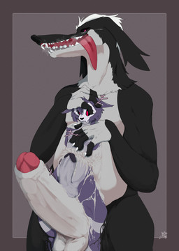 absorption_vore big_penis biped black_sclera bone_mask dominant dominant_male duo foreskin fur genitals hand_on_head hand_on_shoulder huge_penis hyper hyper_genitalia hyper_penis imminent_vore larger_male long_tongue magenta_eyes male male/male mask motion_lines nude partially_inside penis penis_size_difference predator/prey pupils purple_body purple_fur red_eyes shocked simple_background size_difference standing steamy_breath straddling_penis submissive submissive_male teeth tongue tongue_out unusual_anatomy vore white_pupils ghostst ghost_(ghostst) borzoi canid canine canis domestic_dog felid feline goo_creature hunting_dog mammal sighthound skullcat_(species) absurd_res hi_res