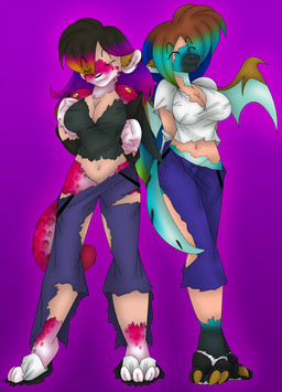 anthro biped black_hair blue_body blue_highlights breast_expansion breasts claws clothed clothing duo duo_transformation expansion female fully_clothed fur gender_transformation hair highlights_(coloring) leopard_spots long_hair mid_transformation mtf_transformation oversized_clothing paws pink_background red_body red_fur simple_background species_transformation spots standing torn_clothing transformation wings aakashi felid humanoid leopard mammal pantherine unknown_species 2011 colored