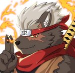 5_fingers anthro claws clothed clothing elemental_manipulation fangs fingers fire fire_manipulation forehead_protector fur grey_body grey_fur hair looking_at_viewer male melee_weapon pawpads red_eyes scar scarf solo sword teeth weapon white_hair tamainu lifewonders tokyo_afterschool_summoners tadatomo_(tas) canid canine canis domestic_dog mammal absurd_res hi_res