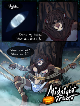 anthro bound comic_panel holidays jock male muscular muscular_male nipples nude restrained solo spread_legs spreading darkthorns halloween felid feline lion mammal pantherine 3:4 absurd_res comic hi_res