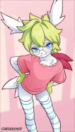 anthro blue_eyes clothed clothed_anthro clothed_male clothing eyewear femboy front_view fur glasses green_hair hair legwear male neck_tuft pattern_clothing pattern_legwear pattern_stockings pink_clothing pink_shirt pink_topwear round_glasses shirt solo stockings striped_clothing striped_legwear striped_stockings stripes t-shirt thigh_highs topwear tuft wearing_glasses white_body white_fur yorusagi nintendo pokemon chessy_(shaymin) generation_4_pokemon legendary_pokemon pokemon_(species) shaymin sky_forme_shaymin 4:7 hi_res