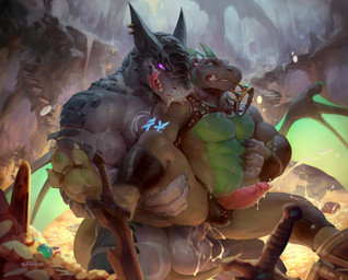 abs anal anal_penetration anthro anthro_on_anthro anthro_penetrated anthro_penetrating anthro_penetrating_anthro balls barazoku biceps big_balls bodily_fluids cave clothed clothing coin crown cum cum_in_ass cum_inside cum_on_balls cum_on_penis cum_while_penetrated cumshot dominant duo ear_piercing ejaculation emerald_(gem) erection fangs from_behind_position gem genital_fluids genitals gold_(metal) gold_coin hands-free headgear horn humanoid_genitalia humanoid_penis larger_dom larger_male licking licking_lips male male/male male_penetrated male_penetrating male_penetrating_male melee_weapon muscular muscular_male nude orgasm pecs penetration penis piercing ruby_(gem) saliva sapphire_(gem) self_lick sex sharp_teeth size_difference smaller_male spread_legs spreading sweat sword teeth tongue tongue_out topless treasure treasure_chest treasure_hoard vein weapon null-ghost criticalhit64 mythology kra-ra lizeron dragon lizardman mythological_creature mythological_scalie scalie 2016