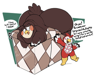 anthro awkward back_fat beak belly big_belly big_butt brown_body brown_feathers butt container dialogue duo feathers female glass glass_container huge_belly huge_butt huge_cheeks hyper hyper_belly hyper_butt looking_at_another male morbidly_obese morbidly_obese_anthro morbidly_obese_male obese obese_anthro obese_male overweight overweight_anthro overweight_male red_body red_feathers simple_background slightly_chubby smile speech_bubble text white_body white_feathers wings boot_(artist) animal_crossing nintendo blathers_(animal_crossing) celeste_(animal_crossing) avian bird owl 2020 english_text