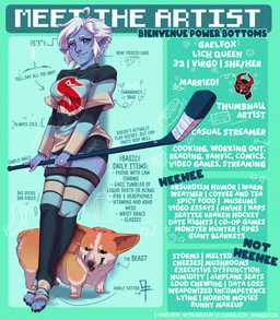 2_horns 4_toes 5_fingers ambiguous_feral ambiguous_gender beard black_beard black_claws black_eyes black_facial_hair black_hair black_nose blue_body blue_bottomwear blue_clothing blue_eyes blue_leggings blue_legwear blue_shorts blue_skin bottomwear breasts brown_body brown_fur brown_tail claws clothed clothed_female clothed_humanoid clothing cowlick digit_ring digitigrade directional_arrow disembodied_head dot_eyes duo_focus eyebrows eyelashes facial_hair facial_scar feet female female_humanoid feral fingers freckled_face freckles fully_clothed fully_clothed_female fully_clothed_humanoid fur green_background group hair heart_symbol hearts_around_head hockey_jersey hockey_stick holding_hockey_stick horn humanoid_pointy_ears husband_and_wife jewelry leggings legwear light looking_at_viewer male male_humanoid married_couple medium_breasts multicolored_body multicolored_fur noseless open_mouth open_smile paws pointy_ears ponytail prince pronouns quadruped queen red_horn red_tongue ring royalty scar short_hair shorts simple_background simple_eyes size_difference smaller_ambiguous smaller_feral smile smiling_at_viewer sparkles stated_age tail text text_box toes tongue tongue_out trio two_tone_body two_tone_fur two_tone_tail wedding_ring white_body white_eyebrows white_fur white_hair white_tail gaelfox meet_the_artist beast_(gaelfox) demon_prince_babbus gael_(gaelfox) canid canine canis demon demon_humanoid domestic_dog herding_dog horned_humanoid humanoid lich mammal pastoral_dog undead welsh_corgi 2024 artist_name colored digital_drawing_(artwork) digital_media_(artwork) english_description english_text french_text hi_res lighting shaded