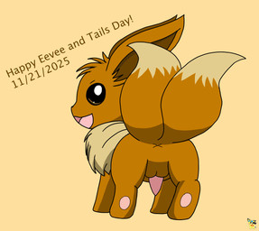 2_tails anus balls brown_body brown_fur butt feral fur genitals logo looking_at_viewer looking_back looking_back_at_viewer male male_feral multi_tail penis simple_background smile solo tail tapering_penis text x_anus pichu90 eevee_day nintendo pokemon pokemon-specific_day eevee generation_1_pokemon mammal pokemon_(species) 2025 artist_logo dated english_text