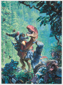 ambiguous_gender angry armor bite blue_body feral forest group gun hair headgear helmet holding_gun holding_object holding_ranged_weapon holding_weapon jewelry male muscular muscular_male nature nature_background open_mouth outside pendant plant ranged_weapon riding shooting_gun standing surprised tail tree weapon white_hair paul_bonner mutant_chronicles ambient_arthropod ambient_butterfly ambient_insect dinosaur human humanoid mammal prehistoric_species reptile scalie hi_res official_art traditional_media_(artwork)