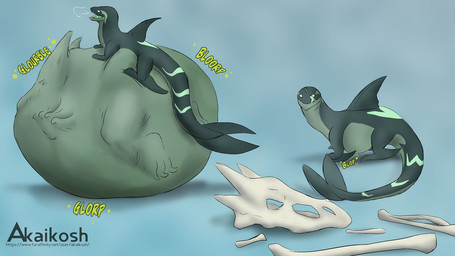 belly big_belly black_body black_tail blue_background bone cetacean_tail digestion dorsal_fin duo feral feral_pred feral_prey fin green_stripes huge_belly rumbling_stomach simple_background skull stripes tail text vore akaikosh mythology aquatic cetacean dolphin dragon mammal mythological_creature mythological_scalie oceanic_dolphin orca scalie toothed_whale 16:9 2022 english_text watermark widescreen