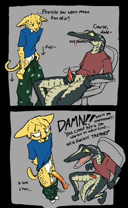 :d animal_genitalia anthro balls big_penis big_penis_embarrassment big_penis_humiliation bodily_fluids bottomwear bottomwear_down bottomwear_pull chair clothed clothing clothing_pull countershading dialogue directional_arrow drooling duo ears_down embarrassed exposed furniture genital_fluids genital_slit genitals holding_penis humiliation long_penis looking_at_genitalia looking_at_penis looking_away male male/male markings nervous pajama_pants pants pants_down pants_pull partially_clothed penis penis_awe penis_humiliation penis_size_difference pivoted_ears precum presenting presenting_penis profanity red_penis saliva sharp_teeth smile spots spotted_markings tail tail_between_legs teeth text undressing undressing_self worried yellow_eyes hieronymusjohnson alligatorid caiman cheetah crocodilian felid feline mammal reptile scalie english_text