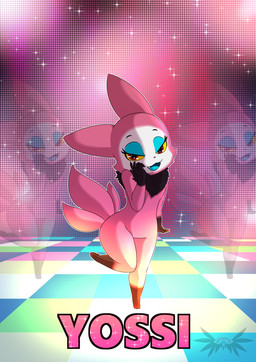 anthro black_body black_fur chest_tuft fur leg_markings looking_at_viewer markings multi_tail on_one_leg open_mouth pink_body pink_fur pink_nose red_eyes semi-anthro smile socks_(marking) solo stage standing tail text tuft yellow_eyes amaterasu_(artist) asian_mythology east_asian_mythology korean_mythology mythology telemonster yossi canid canine fox fox_spirit kumiho mammal mythological_canine mythological_creature mythological_fox 2016 hi_res