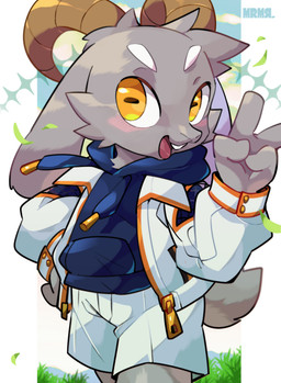 anthro biped blue_clothing blue_hoodie blue_topwear blush bottomwear clothed clothing curved_horn fingers fur gesture grey_body grey_fur hair hand_gesture hoodie horn jacket leaf long_ears looking_at_viewer male male_anthro open_mouth outside simple_background solo standing tail teeth topwear v_sign white_background white_bottomwear white_clothing white_jacket white_topwear yellow_eyes maru_show bolgogi bovid caprine goat mammal absurd_res digital_media_(artwork) hi_res signature