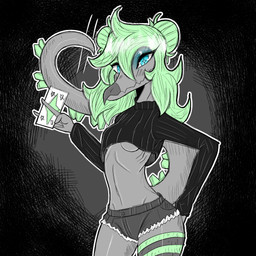 abstract_background anthro black_clothing black_crop_top black_shirt black_topwear blue_eyes bottomwear breasts card clothed clothed_anthro clothed_female clothing crop_top cropped_sweater denim denim_bottomwear denim_clothing denim_shorts female fingers front_view green_body green_hair grey_body hair holding_object hotpants humanoid_hands long_hair long_tail looking_at_viewer looking_down non-mammal_breasts pose shirt shorts slim_anthro slim_female small_breasts solo spiked_tail spikes spikes_(anatomy) standing tail tarot tarot_card topwear gothgator0 goodbye_volcano_high ko_op_(game_developer) stella_(gvh_beta) dinosaur ornithischian prehistoric_species reptile scalie stegosaurian stegosaurus thyreophoran 1:1 absurd_res colored hi_res portrait shaded three-quarter_portrait