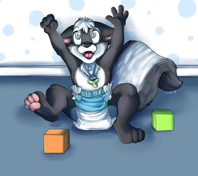 :d ageplay anthro block clean_diaper clothed clothing diaper diaper_only grey_eyes hair infantilism male pacifier paws roleplay short_hair smile solo tail tongue topless toy toy_block wearing_diaper white_hair young young_anthro young_male pupspace mammal mephitid skunk