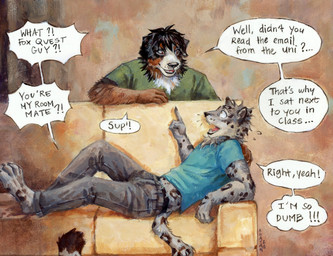 anthro clothed clothing dialogue fluffy fully_clothed furniture inside male natural_colors sofa speech_bubble text akatan_art bernese_mountain_dog canid canine canis domestic_dog felid mammal molosser mountain_dog pantherine snow_leopard swiss_mountain_dog comic english_text hi_res painting_(artwork) traditional_media_(artwork) traditional_painting_(artwork) traditional_watercolor_(artwork) watercolor_(artwork)