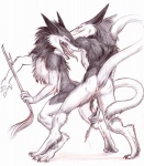 anthro clitoral_hood clitoris duo female genitals nude prehensile_clitoral_hood pussy simple_background tail weapon white_background sickeleye chiral_sisters freel niox mammal sergal