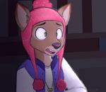 abstract_background anthro black_nose brown_body brown_fur clothed clothing cross-eyed dipstick_ears ear_markings eyebrows female fur furgonomics green_eyes hat headgear headwear inside jacket jewelry multicolored_ears necklace open_mouth raised_inner_eyebrows solo topwear moozua bojack_horseman netflix penny_carson deer mammal low_res