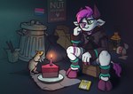 anthro cake chopsticks dessert floppy_disk food male solo trash trash_can tass_the_bovine cyberpunk_2077 jack_daniel's no_nut_november tass_(character) bovid bovine cattle mammal mouse murid murine rat rodent absurd_res hi_res meme