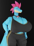 anthro big_breasts blue_body blue_eyes bra breasts camel_toe cleavage clothed clothing collar female hand_on_hip huge_breasts looking_away simple_background solo sports_bra underwear fallen_angel_(artist) nintendo pokemon yuki_(evov1) yukigatr_(evov1) feraligatr generation_2_pokemon pokemon_(species) scalie 3d_(artwork) digital_media_(artwork) hi_res