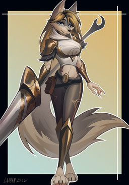 anthro armor bottomwear breasts clothed clothing female midriff pants solo weapon lathan canid canine mammal