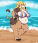 anthro beach big_breasts bikini breasts clothing eyewear female glasses hair huge_breasts overweight overweight_anthro overweight_female seaside solo swimwear two-piece_swimsuit rileyomalley bovid bovine cattle mammal hi_res