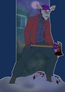 anthro axe biped blood bodily_fluids clothed clothing ear_piercing eyebrows hair hatchet holding_object male one_eye_closed piercing purple_hair solo munkeesgomu camelid llama mammal alpha_channel hi_res
