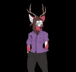 absurd_res alpha_channel anthro antlers bottomwear brown_hair clothed clothing deer green_eyes hair hand_in_pocket hands_in_both_pockets hi_res honey_(stagshack) horn long_hair looking_at_viewer male mammal pants pockets ponytail shirt simple_background solo stagshack topwear transparent_background
