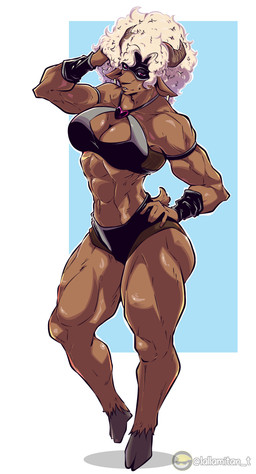 afro anthro breasts brown_body brown_fur clothing female fur hair horn muscular muscular_female simple_background smile solo tail white_hair lallamitan_t edith_(lallamitan_t) bovid caprine goat mammal absurd_res digital_media_(artwork) hi_res